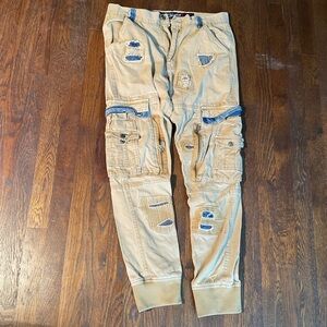 Heritage America Tan Denim Distressed/Patches Cargo Pants, Ribbed Cuffs, 32”x31”